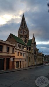 Church and old buildings in old city centre of Pasto