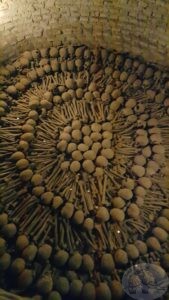 skulls arranged in a circular pattern in catacomb lima peru