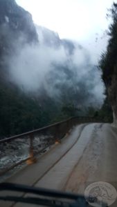 early morning mist from front seat of bus going up to Machu Picchu 