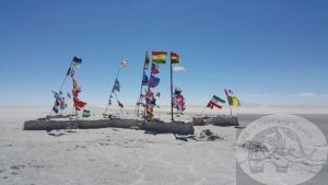 flags near the salt hotel the route for the Dakar rally in Bolivia